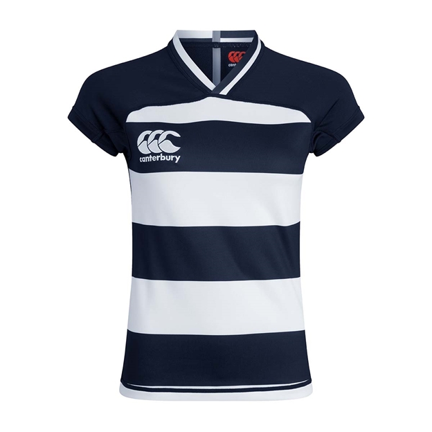 Canterbury Womens Teamwear Hooped Evader Rugby Shirt Navy/White 