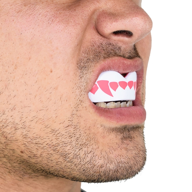 SafeJawz Pink Fangz Mouthguard - Model Side