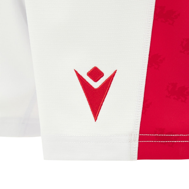 Wales Kids Home Rugby Shorts 26/27 White - Macron Logo Close-up