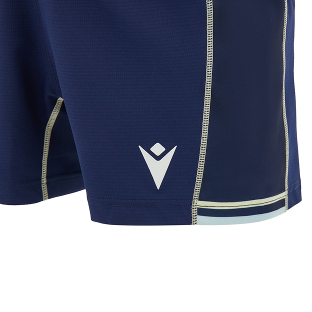 Scotland Kids Home Rugby Shorts 26/27 Navy and Sand - Macron Logo Close-up