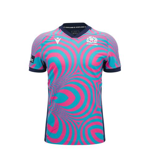 Scotland Kids Training Rugby Shirt 26/27 Neon Pink and Blue - Front View