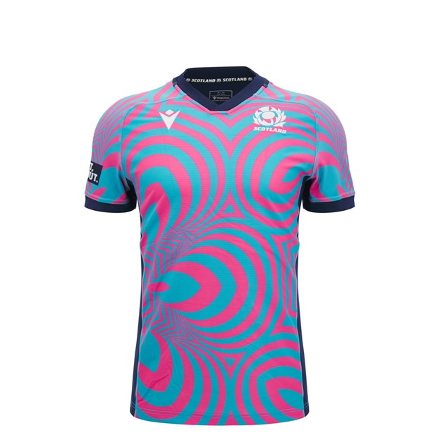 Scotland Kids Training Rugby Shirt 26/27 Neon Pink and Blue - Front View