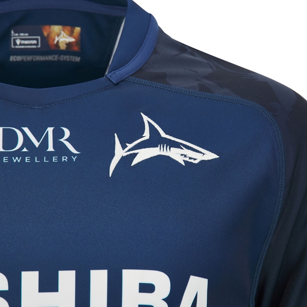Sale Sharks Mens Home Rugby Shirt 26/27 Navy - Sharks Logo Close-up