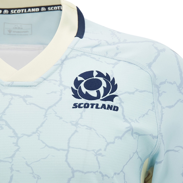 Scotland Kids Training Rugby Shirt 26/27 Blue and Sand - SRU Thistle Close-up