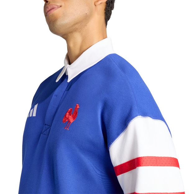 France Mens Heritage Rugby Shirt Lucid Blue - Model FFR Logo Close-up