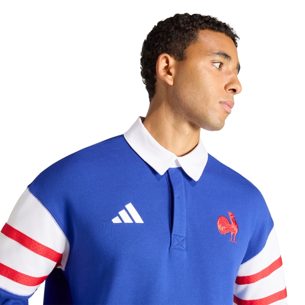France Mens Heritage Rugby Shirt Lucid Blue - Model Adidas Logo close-up