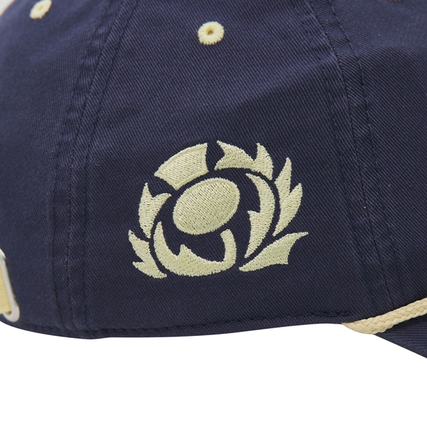 Scotland Adults Dad Baseball Cap 26/27 Navy and Sand - Thistle Embroidery Close-up