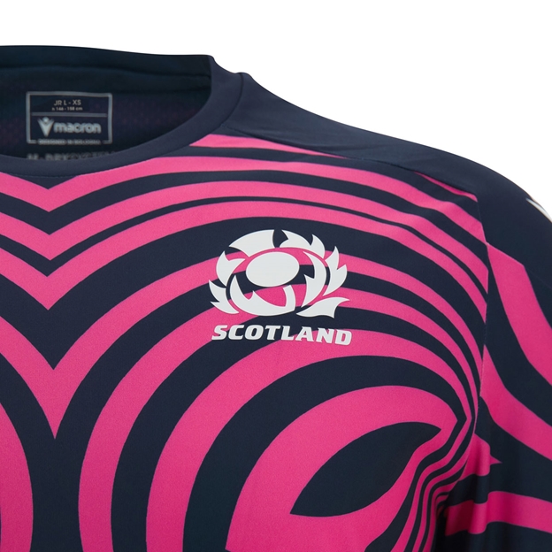 Scotland Kids Warm Up Rugby Shirt 26/27 Neon Pink and Navy - Scotland Logo Close-up