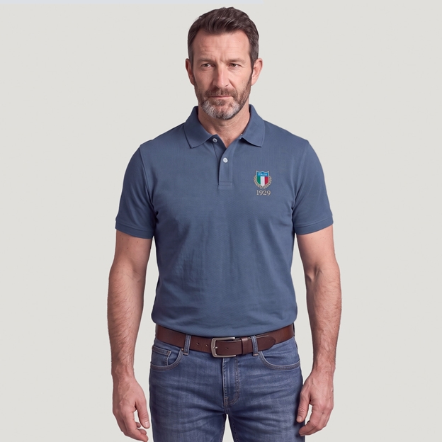 Italy 1929 Adults Classic Cotton Polo Shirt Petrol Blue - Model Front View