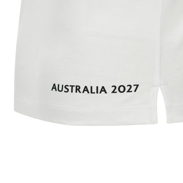 Rugby World Cup 2027 Mens Cotton T-Shirt White/Turquoise - Hem Close-up