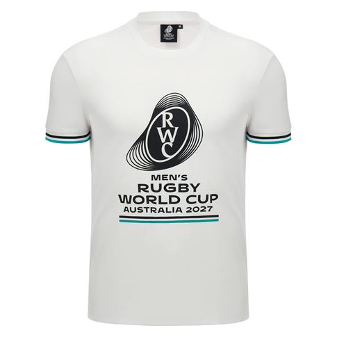Rugby World Cup 2027 Mens Cotton T-Shirt White/Turquoise - Front View