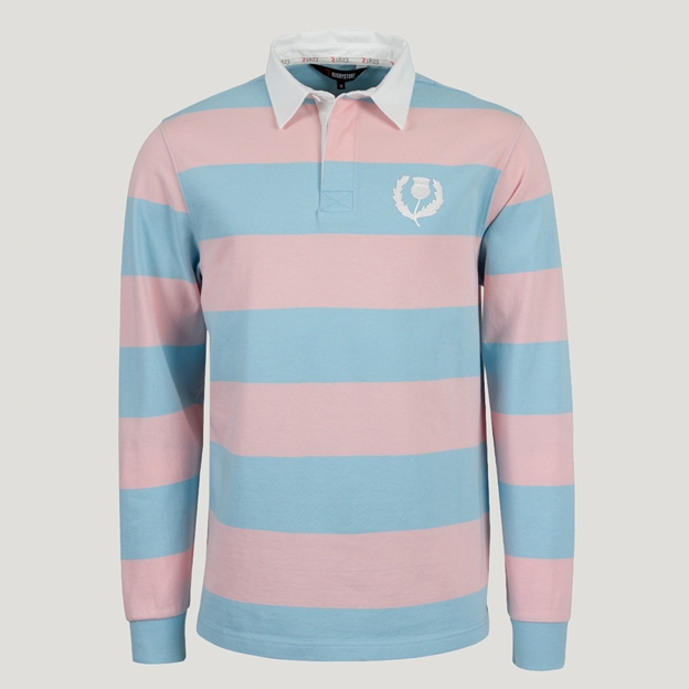 Scotland 1990 Adults Heritage Cotton Rugby Shirt Sky/Pink - Front View