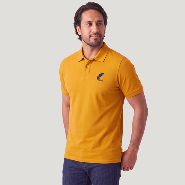 Romania 1964 Adults Classic Cotton Polo Shirt Gold - Model Front View