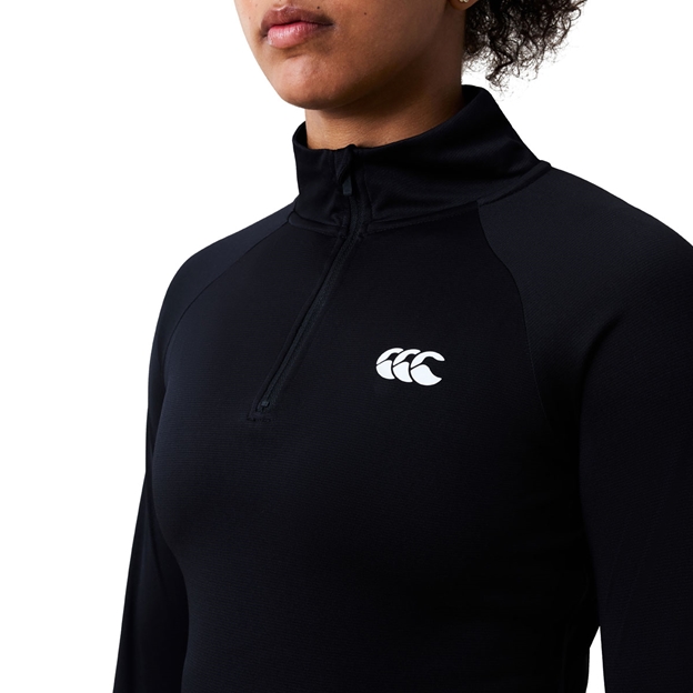 Canterbury Womens Tempo+ Training Quarter Zip Top Black - Model Front Close-up Detail