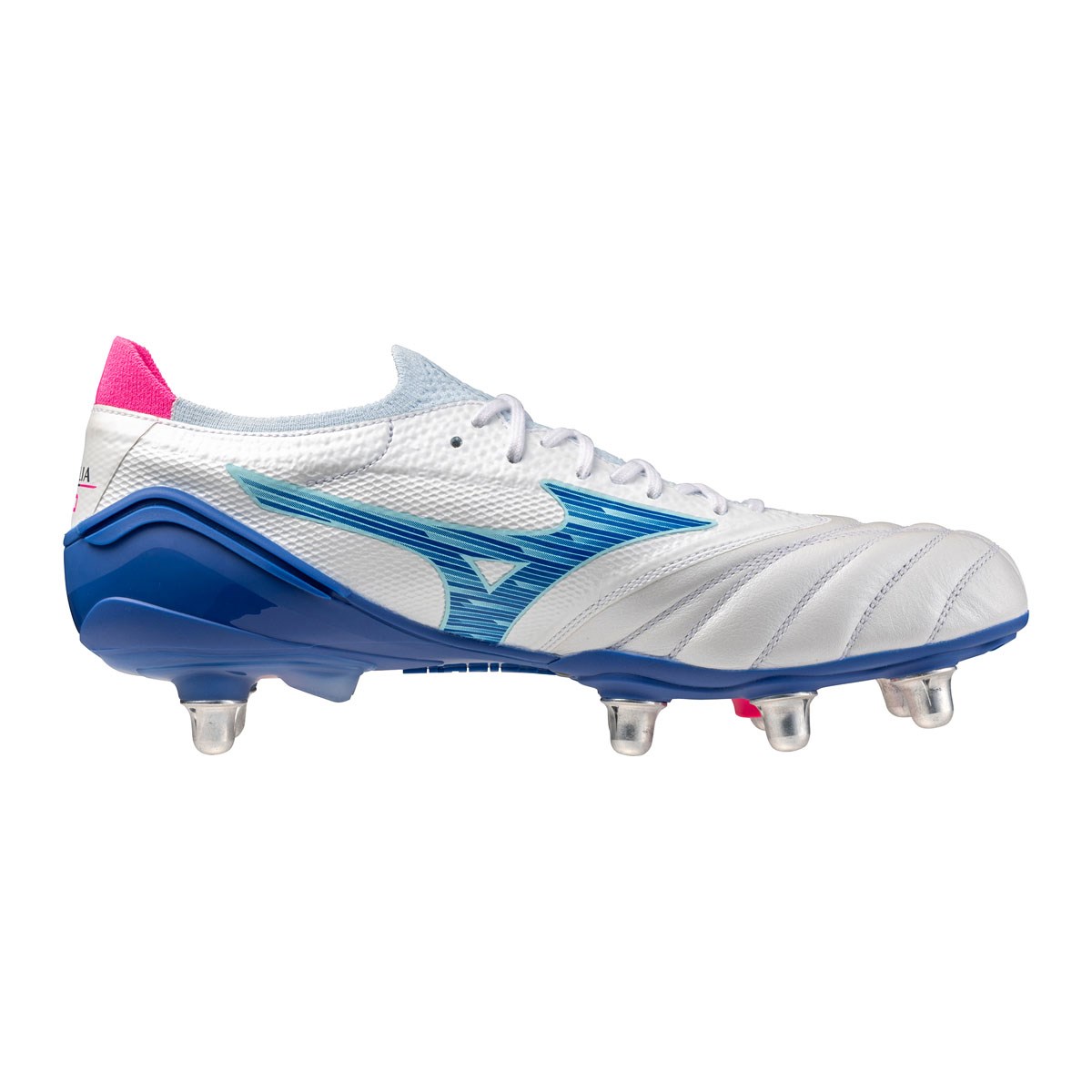 Mizuno Adults Morelia Neo IV Β Elite SI Soft Ground Rugby Boots White/Turquoise/Pink - Outstep
