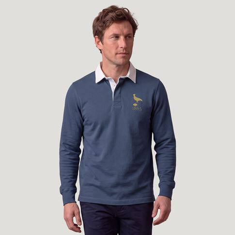 Uruguay 1865 Adults Heritage Rugby Shirt Petrol Blue - Model Front View