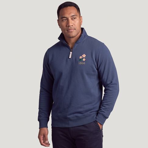 Japan 1866 Adults Half Zip Cotton Sweatshirt Petrol Blue - Model Front View
