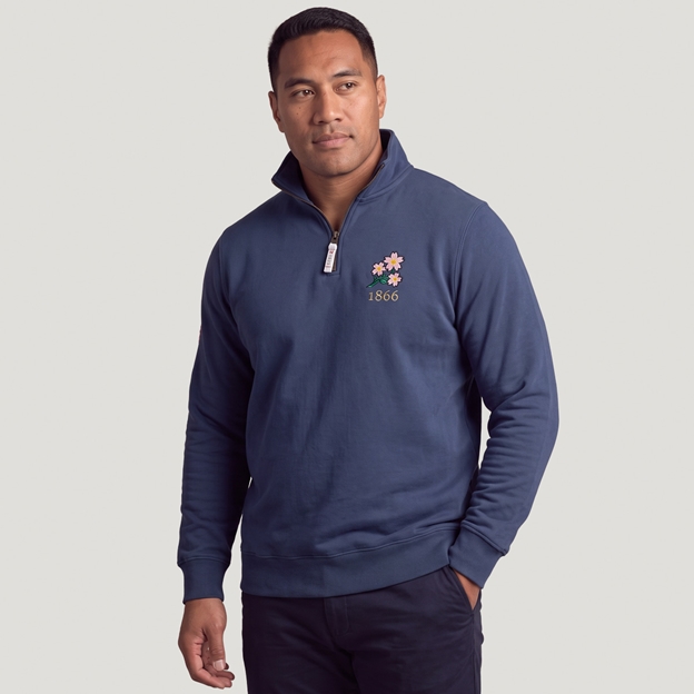 Japan 1866 Adults Half Zip Cotton Sweatshirt Petrol Blue - Model Front View