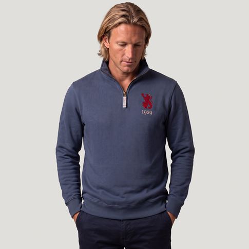 Spain 1959 Adults Half Zip Cotton Sweatshirt Petrol Blue - Model Front View