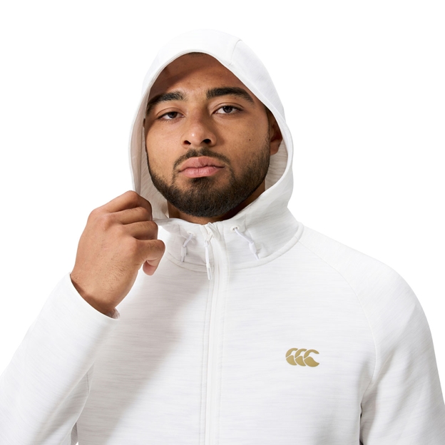 Canterbury Mens Everest Full Zip Hoodie Bright White Marl - Model with hood up