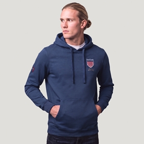 USA 1874 Crest Adults Cotton Hoodie Petrol Blue - Model Front View