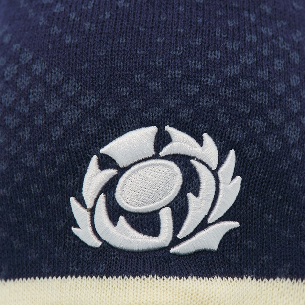 Scotland Skull Knit Beanie 26/27 Navy and Sand - SRU Thistle Close-up