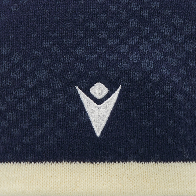Scotland Skull Knit Beanie 26/27 Navy and Sand - Macron Logo Close-up