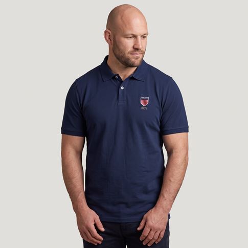 USA 1874 Adults Classic Cotton Polo Shirt Navy - Model Front View