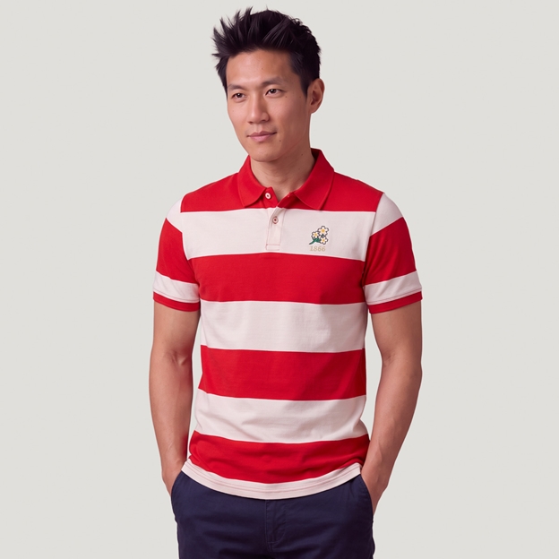 Japan 1866 Adults Classic Cotton Polo Shirt Red and White - Model Front View