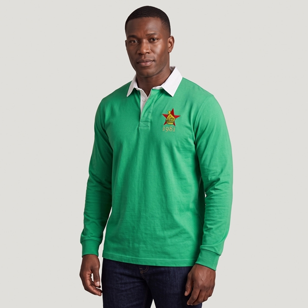 Zimbabwe 1895 Crest Heritage Pure Cotton Rugby Shirt Long Sleeve Bright Green - Master Front View