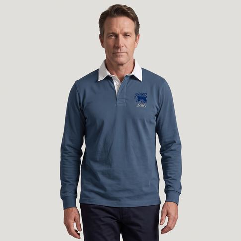 Hong Kong 1886 Heritage Pure Cotton Rugby Shirt Long Sleeve Petrol Blue - Model Front View