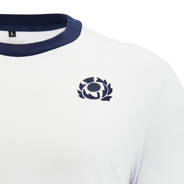 Scotland Mens Travel Cotton T-Shirt 26/27 White and Navy - SRU Thistle Close-up