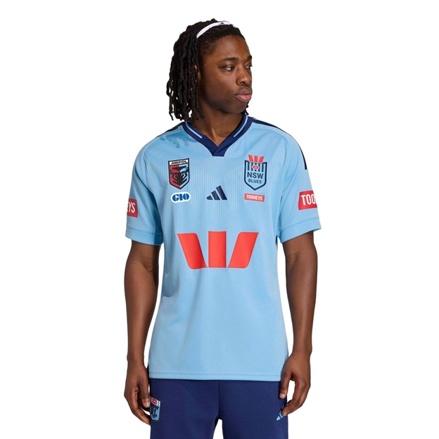 New South Wales Blues Mens Home Rugby Shirt 26/27 Light Blue - Model Front View