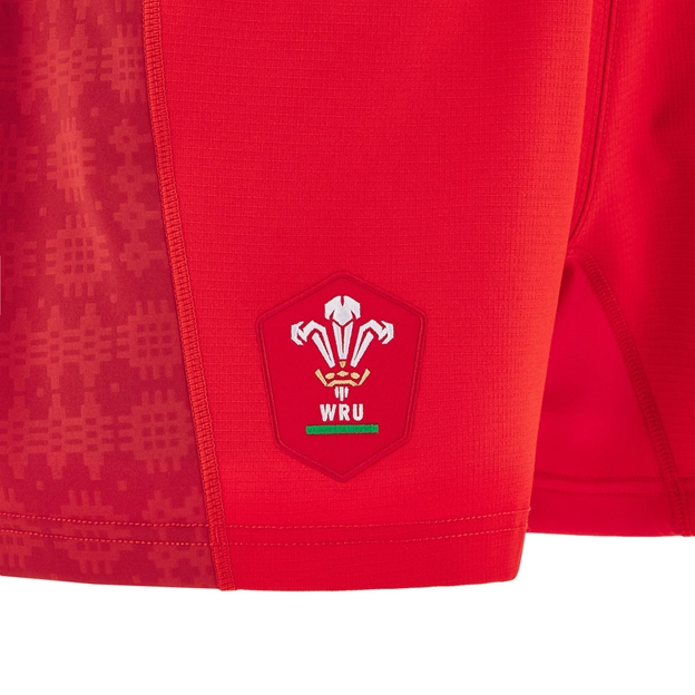 Wales Mens Home Rugby Shorts 25/26 Red WRU Logo Close-up