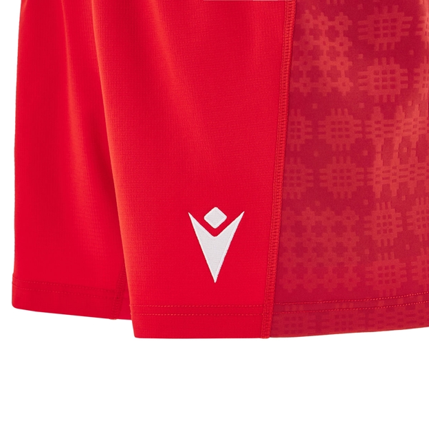 Wales Mens Home Rugby Shorts 25/26 Red - Macron Logo Close-up