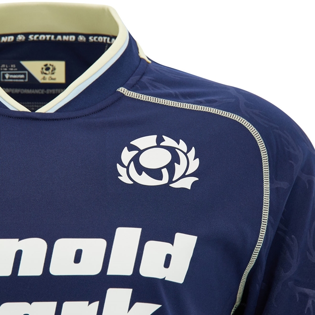 Scotland Kids Home Rugby Shirt 26/27 Navy and Sand - Scotland Thistle Close-up