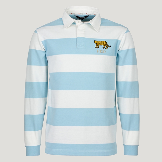 Argentina Mens 1910 Origins Striped Rugby Shirt Long Sleeve Sky White - Front View