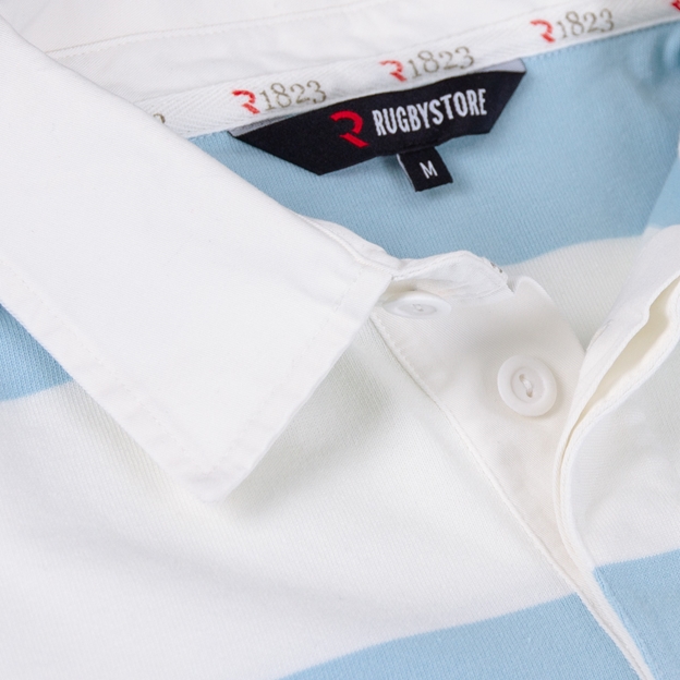 Argentina Mens 1910 Origins Striped Rugby Shirt Long Sleeve Sky White - Collar Close-up
