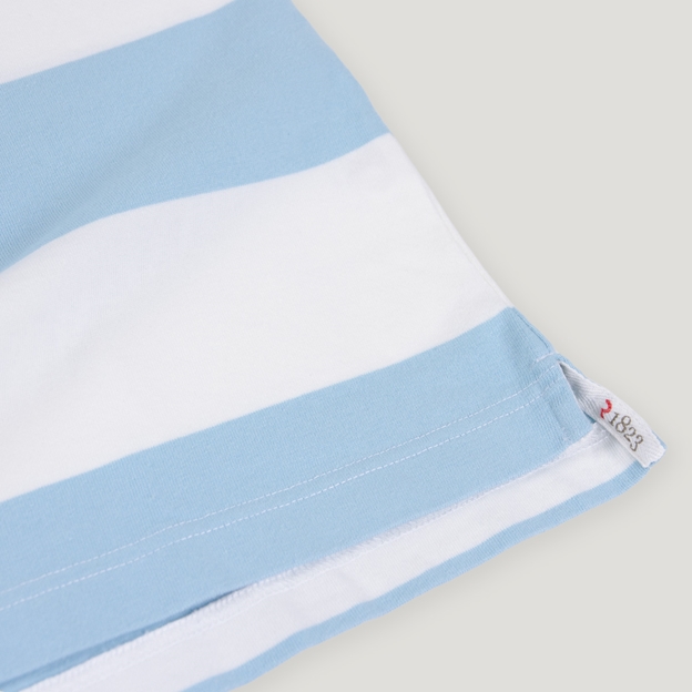 Argentina Mens 1910 Origins Striped Rugby Shirt Long Sleeve Sky White - Hem Close-up