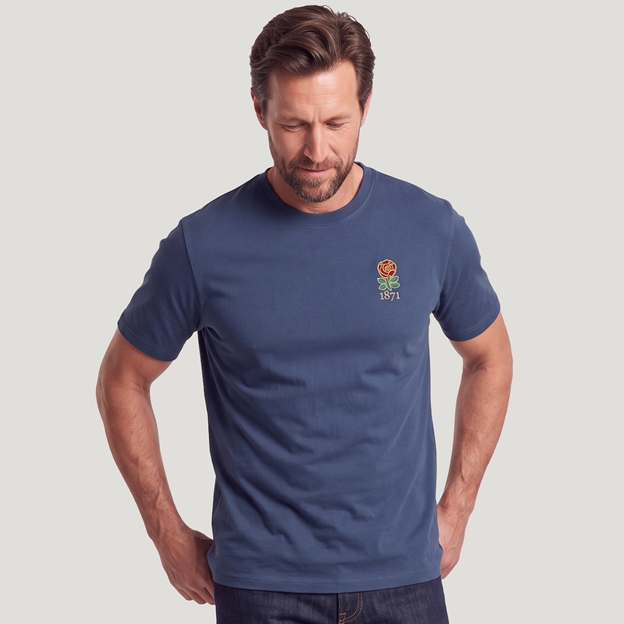 England 1871 Mens Cotton T-Shirt Petrol Blue - Model Front View