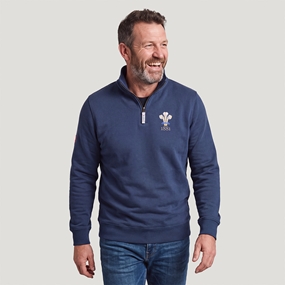 Wales 1881 Adults Half Zip Cotton Sweatshirt Petrol Blue - Model Front View