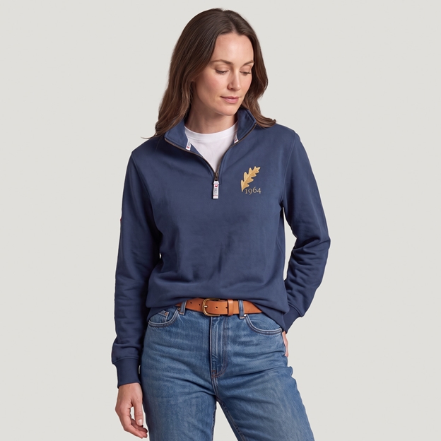 Romania 1964 Adults Half Zip Cotton Sweatshirt Petrol Blue - Model Front View