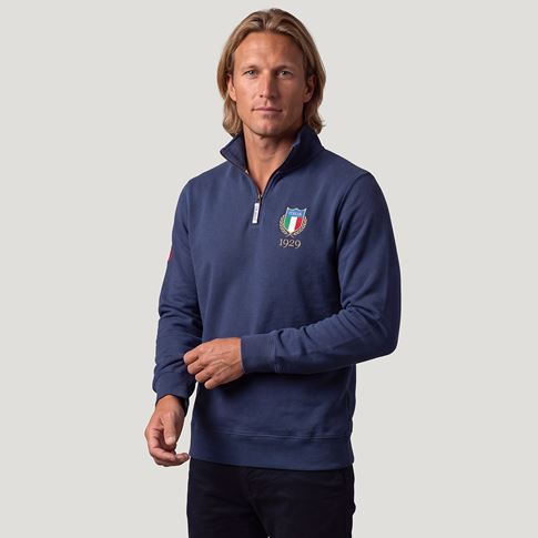 Italy 1929 Adults Half Zip Cotton Sweatshirt Petrol Blue - Model Front View