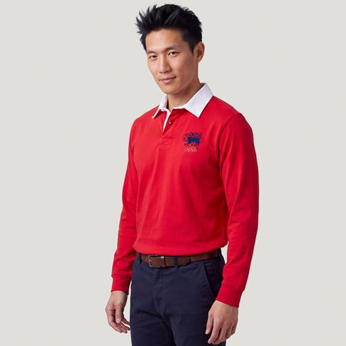 Hong Kong 1886 Heritage Pure Cotton Rugby Shirt Long Sleeve Red - Model Front v2
