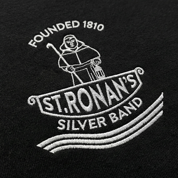 St Ronans Silver Band Mens Full Zip Hoodie Black - Embroidery Close-up
