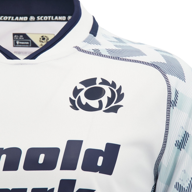 Scotland Kids Away Rugby Shirt 26/27 White Sand and Navy - SRU Thistle Close-up