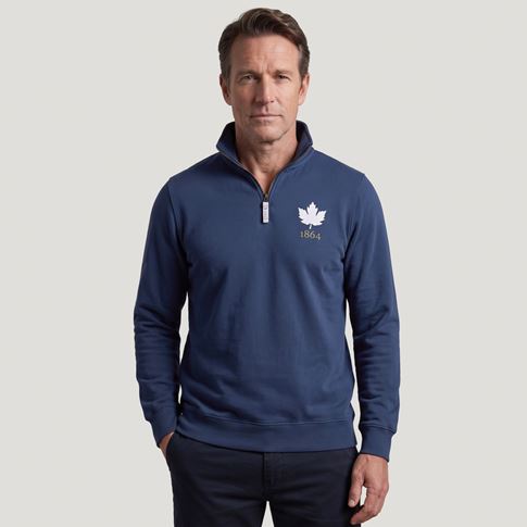 Canada 1884 Adults Half Zip Cotton Sweatshirt Petrol Blue - Front Model View