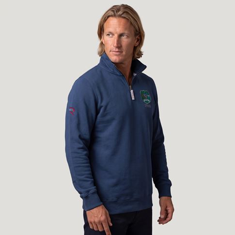 Australia 1899 Crest Adults Half Zip Cotton Sweatshirt Petrol Blue - Model Front View