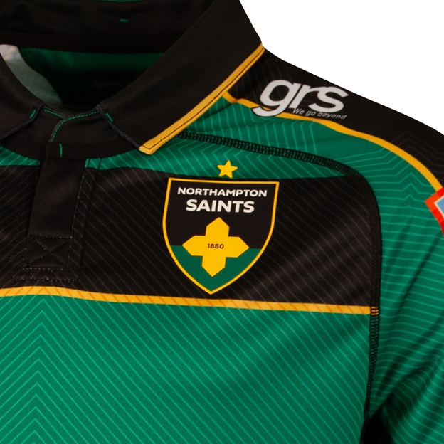 Northampton Saints Mens Home Rugby Shirt 26/27 Black and Green - Badge Close-up
