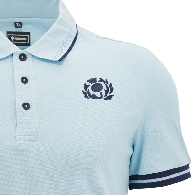 Scotland Mens Travel Fitted Cotton Polo 26/27 Blue and Navy - SRU Thistle Close-up